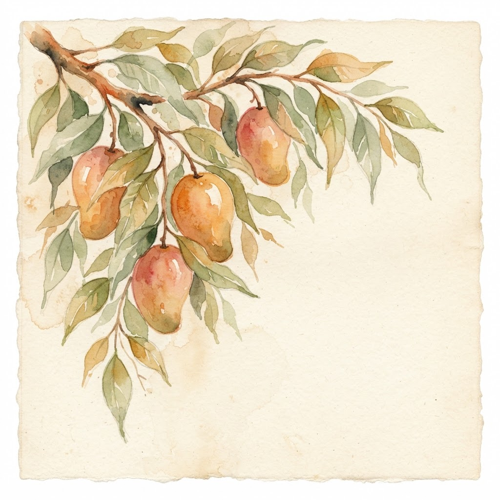 Watercolor painting of ripe mangoes hanging among green leaves